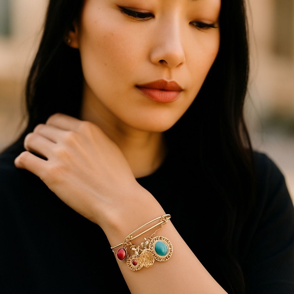 Graziano Multi-Charm Gold-Tone Bangle Bracelet | Boho Chic Turquoise